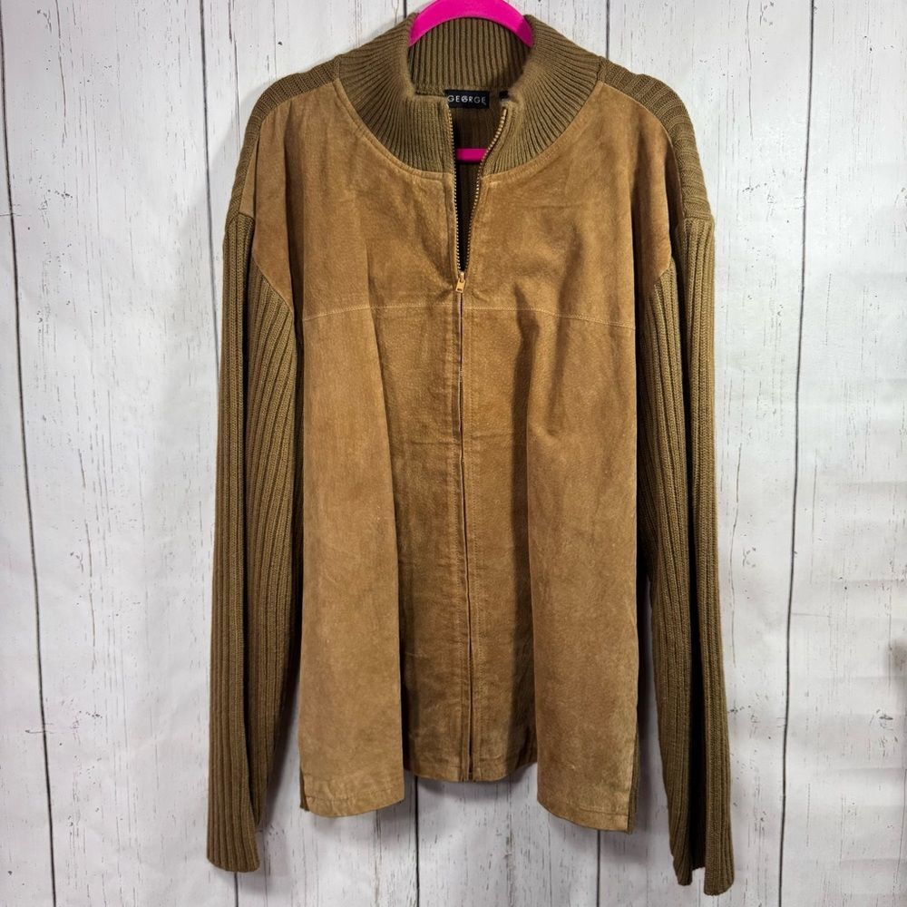 George Brown Genuine Leather Jacket Knit Sleeves Full Zip Mens XL Utility